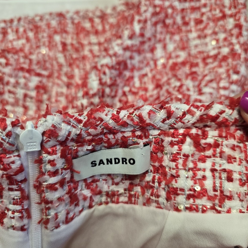 Sandro Paris Red Wrap Effect Metallic Tweed Meridan Mini Skirt Sz‎ 42 NWT $295 - Picture 8 of 12